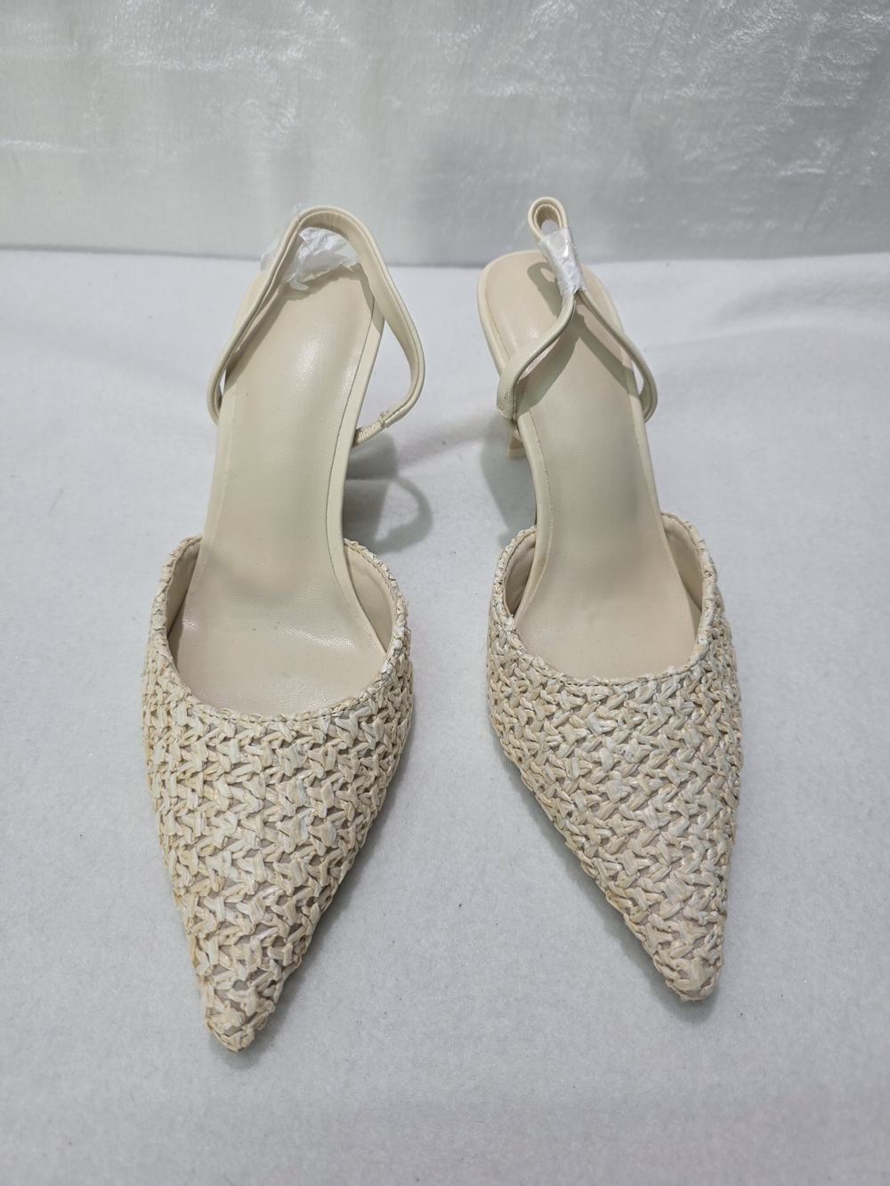 Woven Pointed Toe Slingback Heels - Cream - Picture 2 of 7